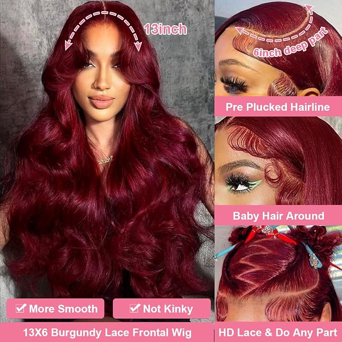 99j Burgundy Lace Front Wigs Human Hair 28 Inch 13x6 Body Wave HD Lace Front Wigs Pre Plucked with Baby Hair 200 Density Red Wigs for Women