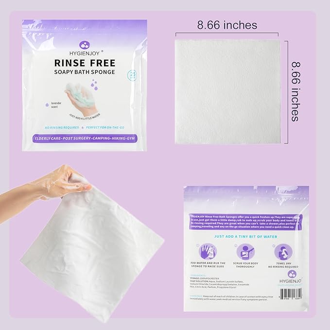 HYGIENJOY-21% Larger Rinse Free Bath Sponges for Adults-Disposable No Rinse Bathing Wipes-Soap Infused,Dry Shower Wipes for Elderly,Camping,Post Surgery Must Haves,(Lavender 75 Counts)