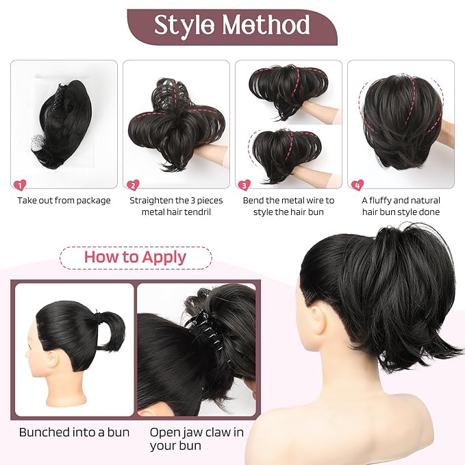 HOOJIH Messy Bun Hair Piece, Claw Clip in Straight Hair Bun 9 Inch Short Ponytail Extension with Bendable Metal Wire Hair Pieces for Women Fake Hair Bun - Chocolate Brown Ash Blonde Highlights