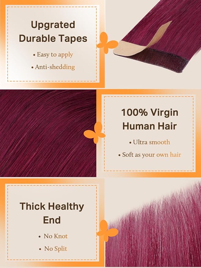 DOORES Hair Extensions Tape in Human Hair, Burgundy 14 Inch 100g 40pcs, Tape in Human Hair Extensions Straight Remy Hair Double Side Tape Extensions Natural Hair