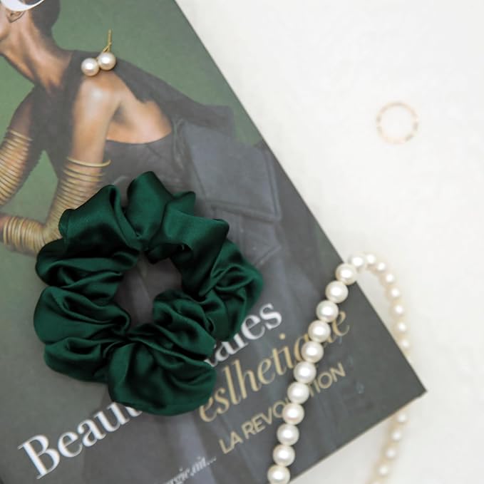 Pure Silk Scrunchies, 100% Mulberry Silk Hair Elastic for Women, Anti-Crease, Gentle on Hair, 1 PC, Green