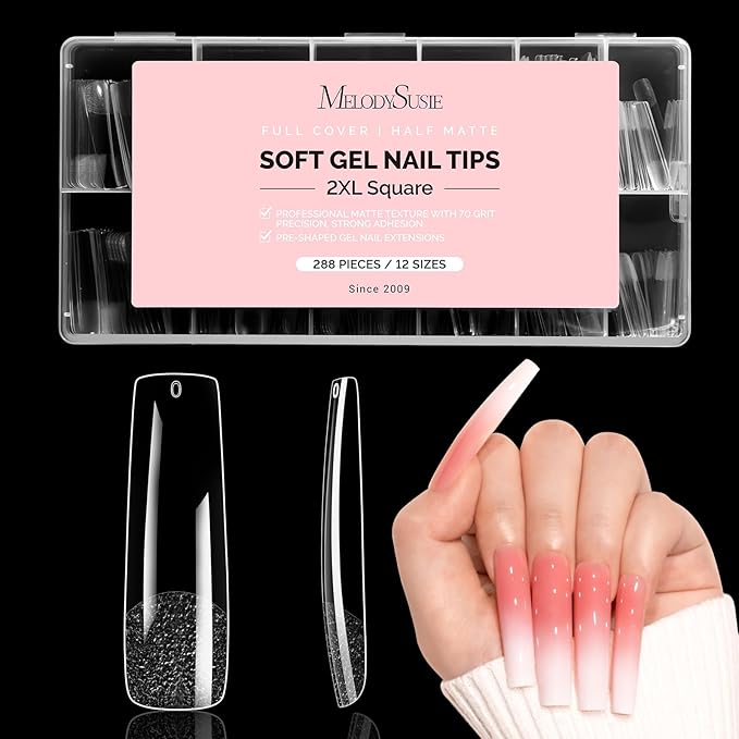MelodySusie Long Square X Nail Tips - 288Pcs 12Sizes Clear Acrylic, Half Matte Full Cover Press on Nails for DIY Extension & Salon Use, Pre-Shaped for Long-Lasting Manicure