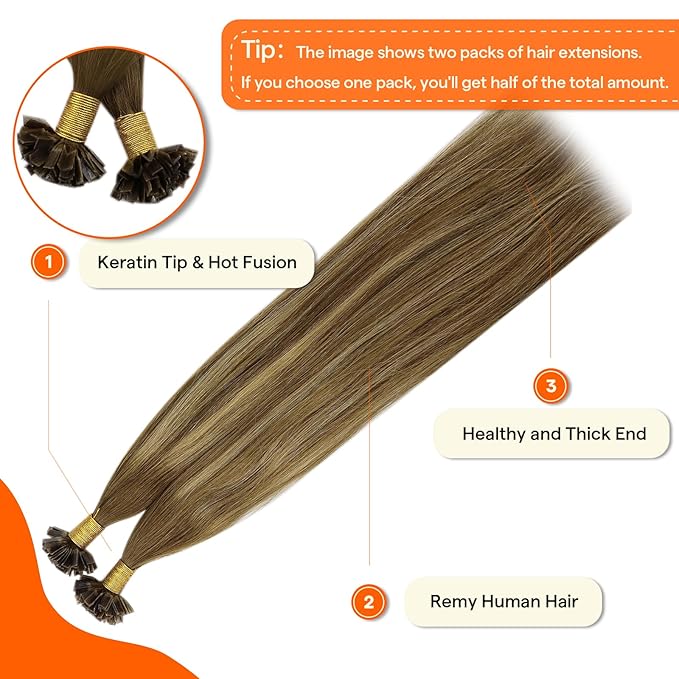 Full Shine Ktip Human Hair Extensions 20 Inch 50 Grams Medium Brown to Honey Blonde and Brown Long Straight Hair add Length K Tip Hair Extensions Real Human Hair for Women