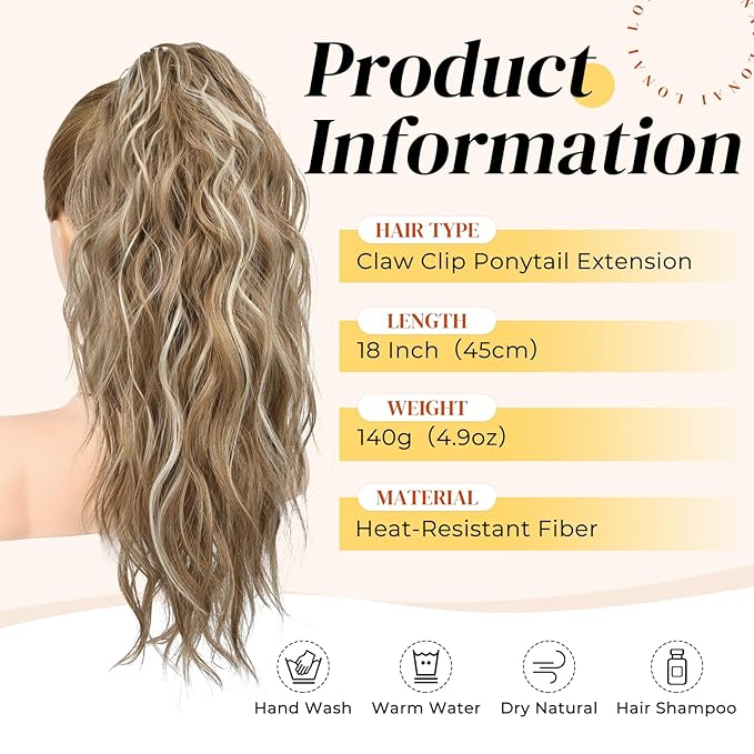 LONAI Ponytail Extension, 18" Wavy Claw Clip Ponytail Extensions Shoulder Length Curly Wavy Claw Clip in Ponytail Hair Extensions Ponytails Hairpieces - Deep Dark Blonde with Blonde Highlights