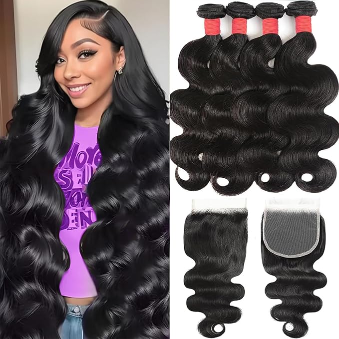 12A Human Hair Bundles with Closure 20 22 24 26+18 Inch Body Wave 4 Bundles Human Hair with 5x5 HD Lace Closure Brazilian Unprocessed Virgin Natural Black