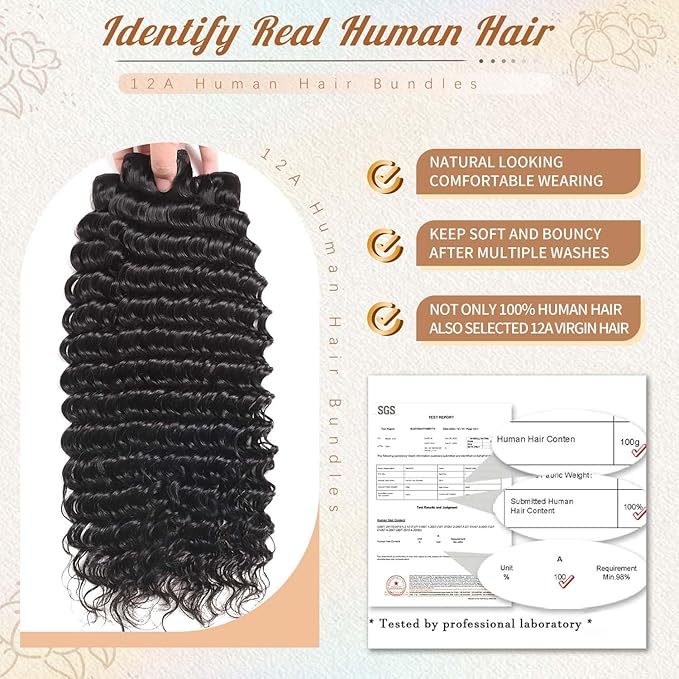 12A Brazilian Deep Wave Bundles Human Hair 3 Pcs Water Wave Bundles 100% Unprocessed Virgin Human Hair Wet and Wavy Bundle Double Weft Deep Curly Weave Natural Black（22 22 22）
