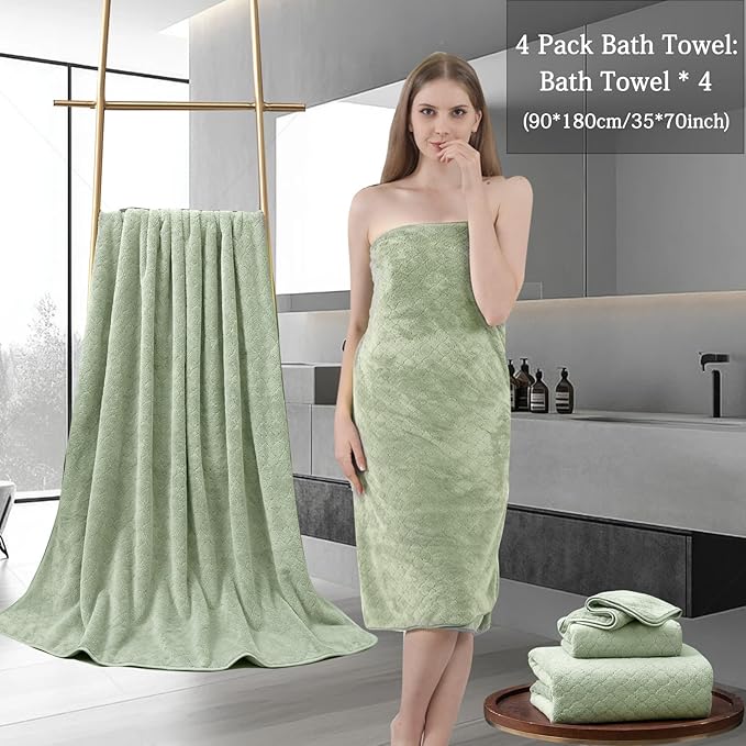 Ycosy Extra Large Bath Towels Set 35x70 Inches - Green Luxury 600 GSM Oversized Bath Sheet Towel,Ultra Soft Microfiber - Quick Dry,Highly Absorbent Shower Towels Spa Hotel Bathroom Towel Set (4-Pack)
