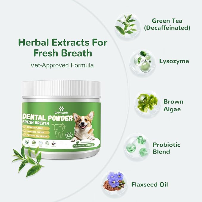Dog Teeth Cleaning Powder, Dental Powder for Dogs Teeth Tartar Remove & Plaque Off, Fresh Breath for Dogs with Natural Plants Blend, Enzymes and Postbiotics, 300g