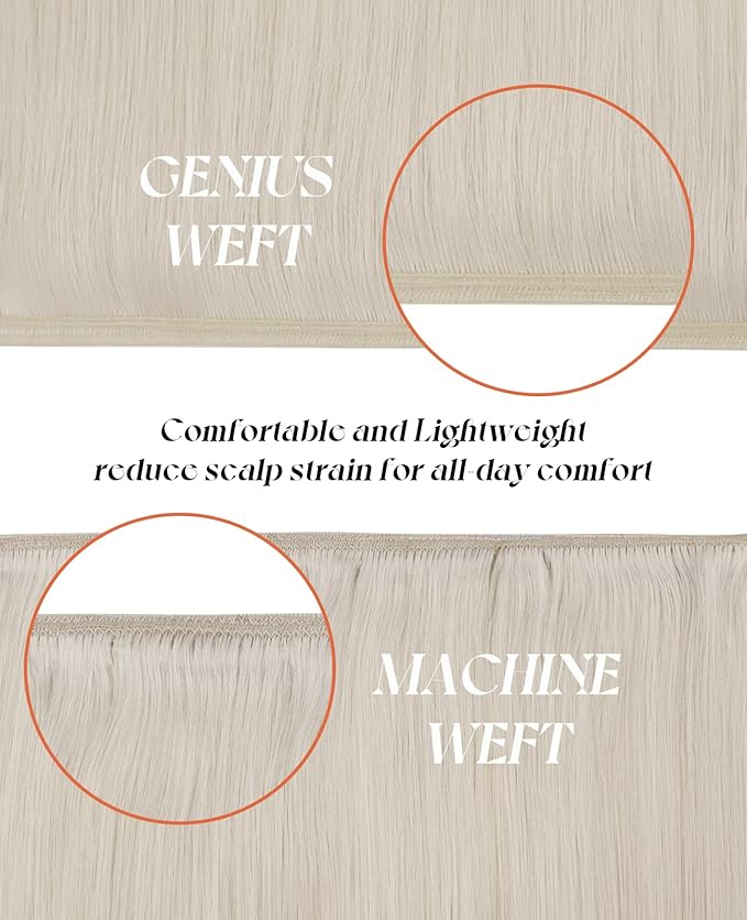 Sunny Hair Genius Hair Extensions Weft Blonde Invisible Genius Sew in Hair Extensions Platinum Blonde Straight Remy Hair Weft Extensions Real Human Hair for Women 16inch
