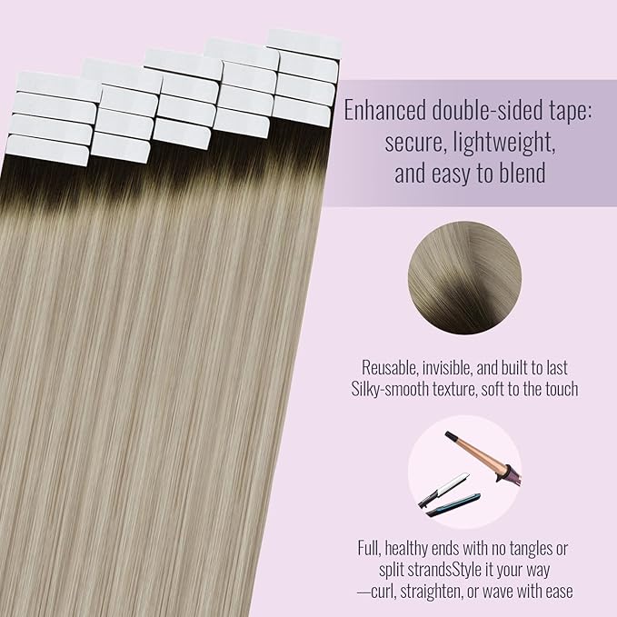 Fshine Tape in Hair Extensions Ombre 16 Inch Brown Fading to Ash Blonde and Platinum Blonde Tape in Human Hair Extensions 20 pcs 50 g,Suitable for Date Nights & Romantic Occasions