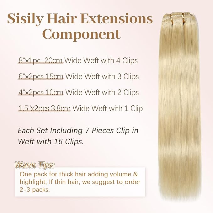 Sisily Clip in Hair Extensions Real Human Hair, Premium Human Hair Clip in Extensions Bleach Blonde, Soft Straight Hair Extensions Real Human Hair Clip ins 7PCS Double Weft（20 Inch #613）