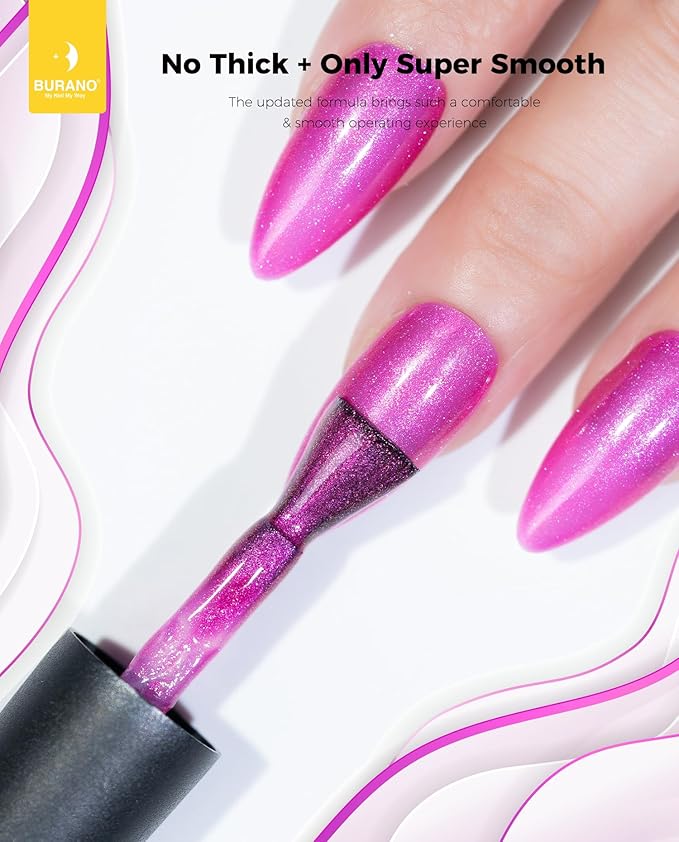 BURANO Glitter Gel Nail Polish with LED UV Cure, Shimmer Holographic Effect - Sparkle Gel for Home DIY Salon (Rose Purple LP56)