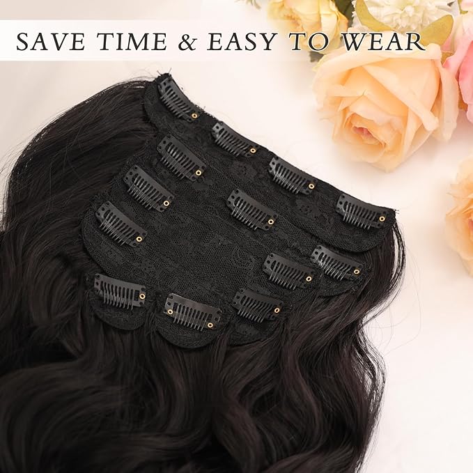 NAYOO Clip in Hair Extensions for Women 20 Inch Long Wavy Curly Brown Black Hairpieces Full Head Synthetic Hair Hairpieces(6PCS,Brown Black)