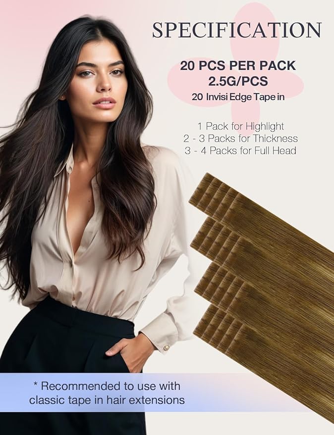 DOORES Invisi Edge Tape in Hair Extensions Human Hair, Medium Brown Highlighted Dirty Blonde 10 Injection Tape-ins with 10 Injection Tape-ins 50g 20 Inch, Virgin Tape in Extensions