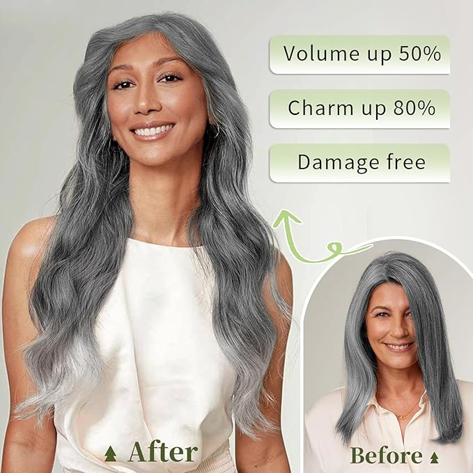 KooKaStyle Invisible Wire Hair Extensions with Transparent Headband Adjustable Size 4 Secure Clips Long Wavy Secret Wire Hairpiece 20 Inch Grey/Sliver Mixed for Women