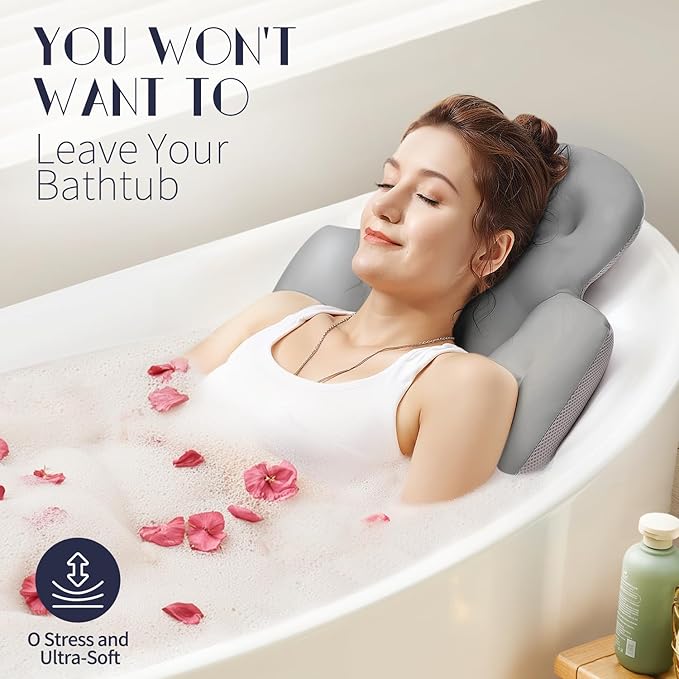 Full Body Bath Pillow for Bathtub, Thick Bathtub Cushion with Laundry Bag, Luxury Tub Pillow for Bath for Headrest Neck and Back Support Gray 56" x 16"