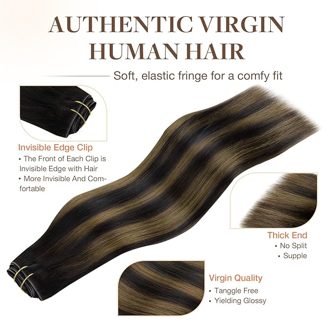 GOO GOO Invisi Edge Clip in Hair Extensions 24inch 160g 7Pcs Injected Seamless PU Clip in Hair Extensions, Virgin Real Human Hair, 1B/6/1B Balayage Natural Black to Chestnut Brown
