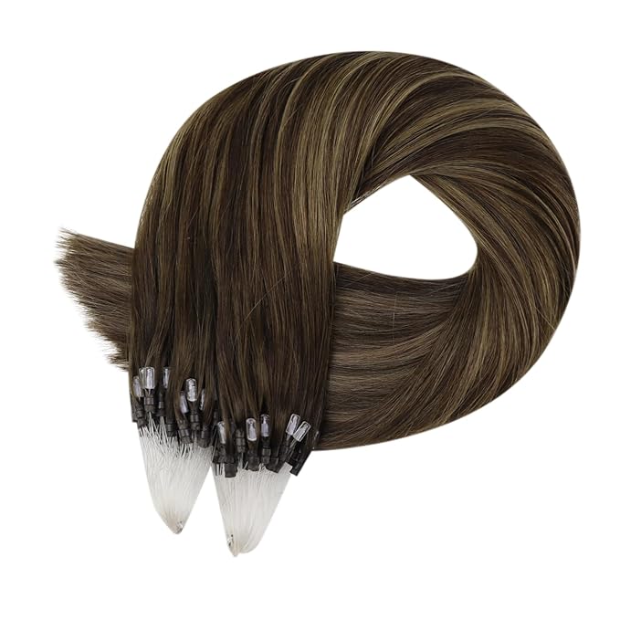 Full Shine Micro Link Hair Extensions Human Hair Color 2/8/2 Dark Brown Mixed with Ash Brown 22 Inch Long Straight Hair Micro Loop Hair Extensions 50G with 7G Micro Beads add Length