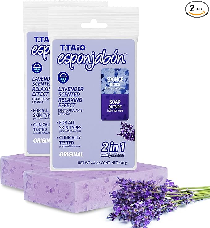 T.Taio Esponjabon Soap Sponge - Cleansing Shower Scrubber - Cleaning Bath Wash Scrub - Oil Removal - Massage & Lather Foot, Elbow, & Face - Bathroom Accessories - Fresh Lavender Scent