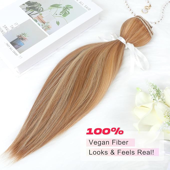 Hair Extensions, 14" Short Clip in Hair Extensions 4PCS Straight Natural Soft Synthetic Hairpiece for Women - Light Brown with Highlights