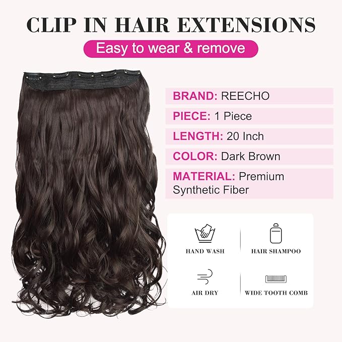 REECHO 20" 1-pack 3/4 Full Head Curly Wave Clips in on Synthetic Hair Extensions HE008 Hair pieces for Women 5 Clips 4.5 Oz Per Piece - Dark Reddish Brown