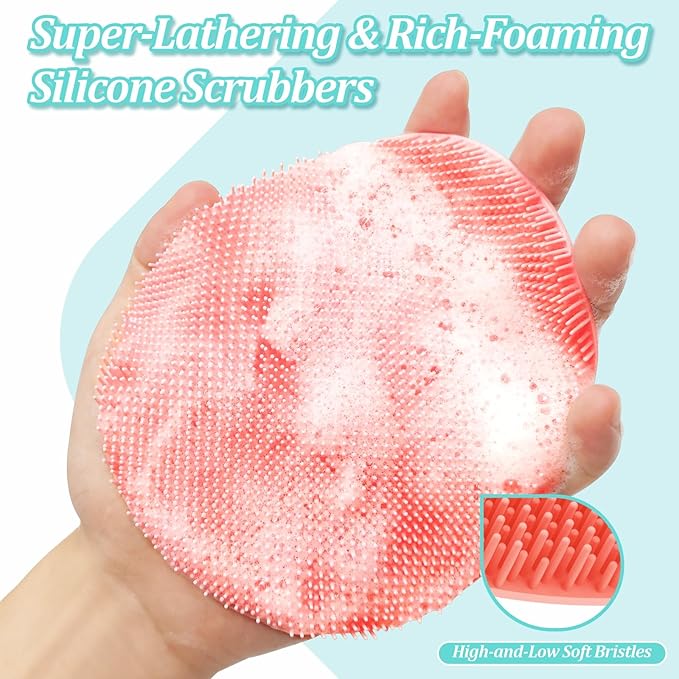 Soft Silicone Bath Gloves 4PC, 360° Anti-slip & Enlarged Silicone Body Scrubber for Rich Foaming Deep Cleaning, Revolutionary No-grip & Hand-fit Shower Scrubber for All Skin Types(Black/Pinkx2)
