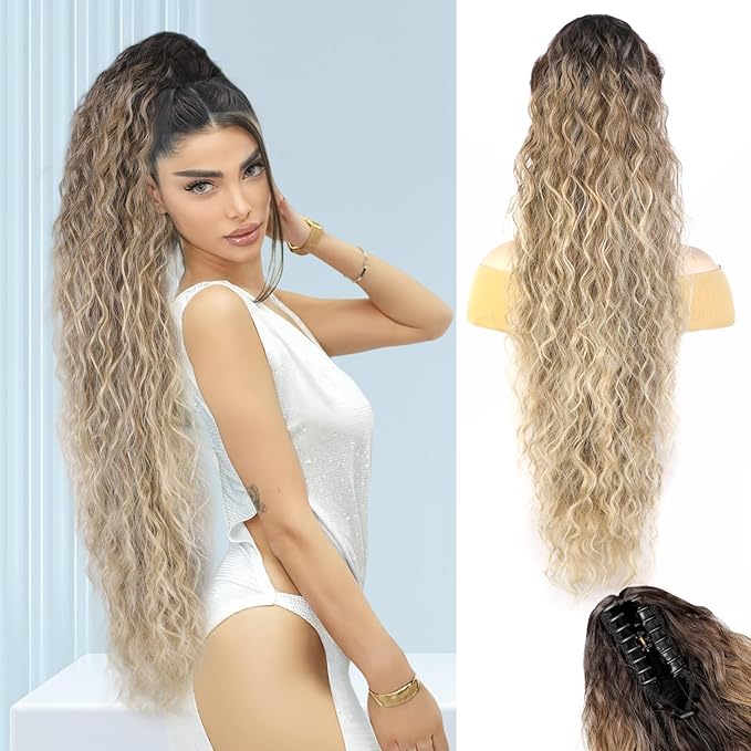 ENBEAUTIFUL 30" Claw Clip Ponytail Extension Long Wavy Ponytail Extension Synthetic Pony Tails Hair Extensions Clip in Hair pieces for Women Ombre Brown mix Blonde