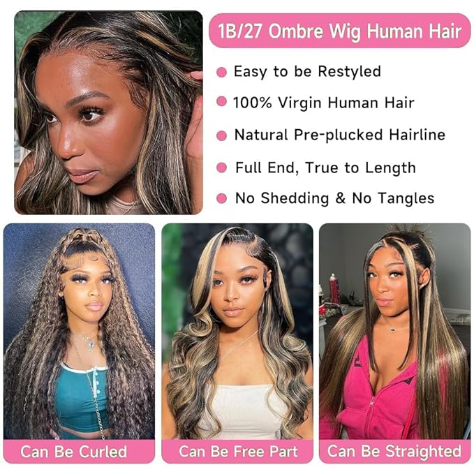 Ombre Glueless Wigs Human Hair Pre Plucked Pre Cut 5x5 Hd Lace Closure Wigs Human Hair 34 Inch 1B/27 Colored Highlight Body Wave Wigs 250% Density Glueless Wigs for Beginners