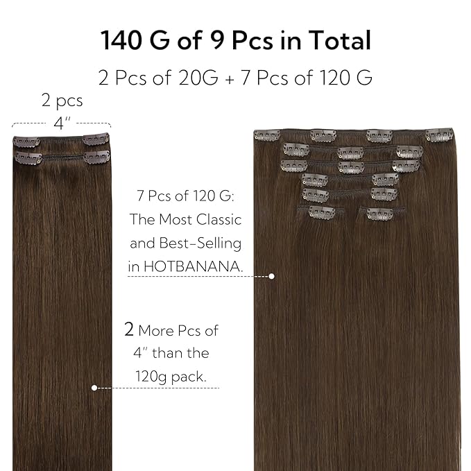HOTBANANA Clip in Hair Extensions Real Human Hair, 150g 9pcs 24 inch Chocolate Brown Straight Remy Clip in Extensions Full Head for Women