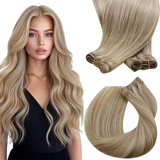 Sunny Hair 120g Human Hair Extensions Sew in Blonde Highlights Human Hair Weft Extensions Dark Ash Blonde Highlighted Light Blonde Hair Weft Sew in Human Hair Bundles Long Straight Hair 20inch