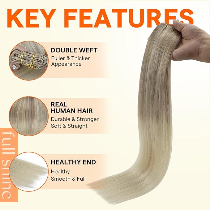Full Shine Weft Hair Extensions Human Hair Straight Human Hair Bundles For Women Sew In Hair Extensions Color Ash Blonde To Butter Blonde Mix Platinum Blonde 12 Inch 80G