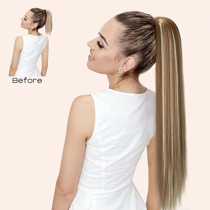 SEIKEA 28" Ponytail Extensions Drawstring Long Straight Fake Pony Tail Natural Soft Clip in Hair Extension Synthetic Heat Resistant Hairpiece - Chestnut Brown with Blonde Hightlights
