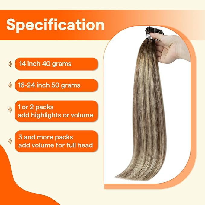 Full Shine U Tip Hair Extensions Human Hair 22 Inch Natural Human hair Extension Balayage Brown Fading to Blonde Highlighted Brown Natural Fusion Hair Keratin Extensions 50 Grams