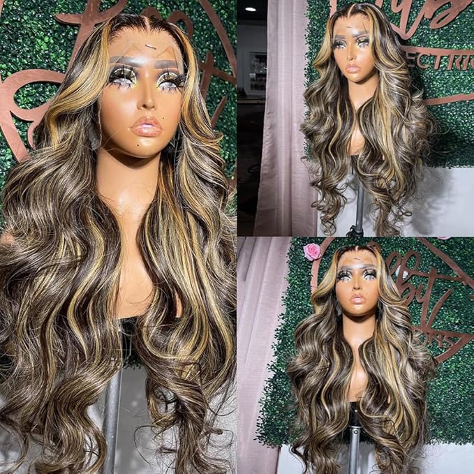 13x6 Body Wave Lace Front Wigs Human Hair 180% Density 13x6 HD Lace Front Wigs Human Hair 22Inch Highlight Balayage Wig FB/27 Glueless Wigs Pre Plucked Pre Cut Ombre Wig