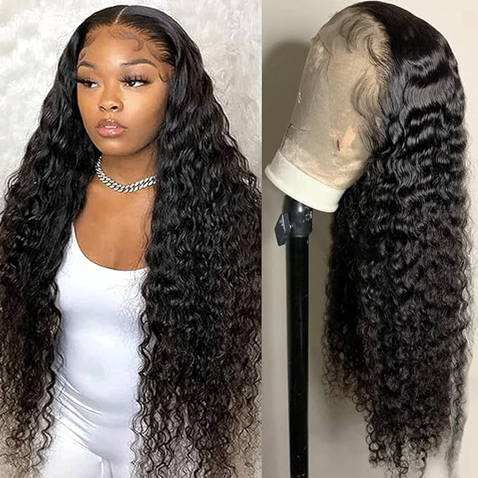 Deep Wave Lace Front Wigs Human Hair 200% Density 13x4 HD Transparent Full Lace Frontal Wigs Human Hair 12A Deep Curly Glueless Wigs Human Hair Pre Plucked for Black Women (16 Inch)