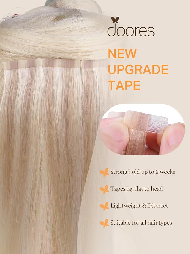 DOORES Tape-In Hair Extensions, 10pcs 25g 18 Inch Drity Blonde Highlight Golden Blonde, Human Hair, Straight, Wavy