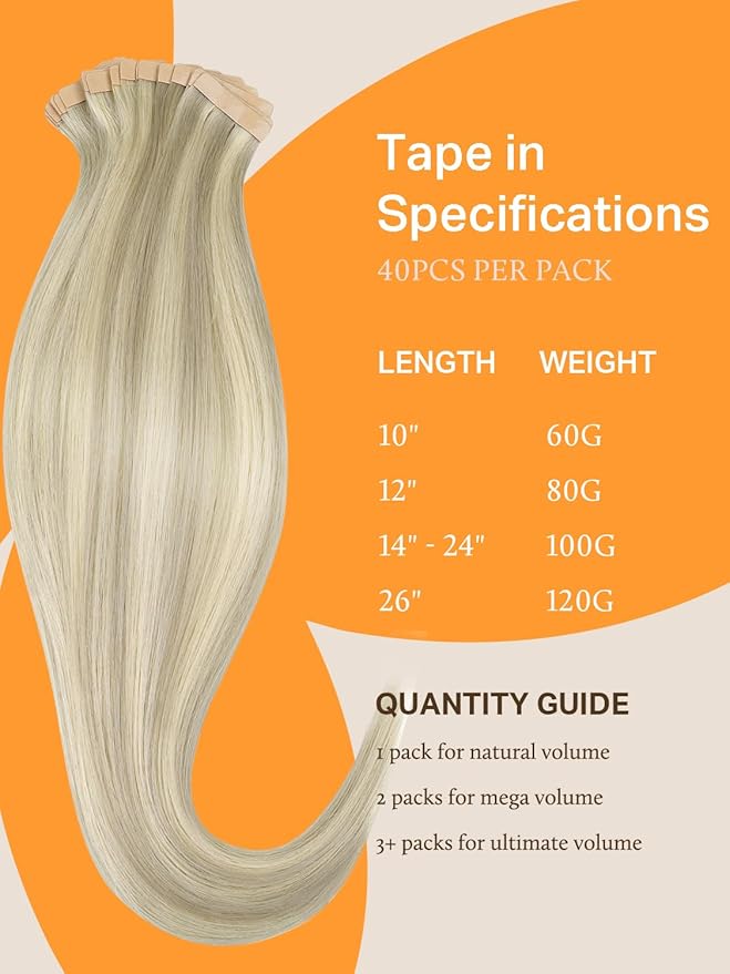 DOORES Tape in Human Hair Extensions - Ash Blonde Highlighted Platinum Blonde, 26 Inch, 120g, 40pcs - Straight Remy Hair