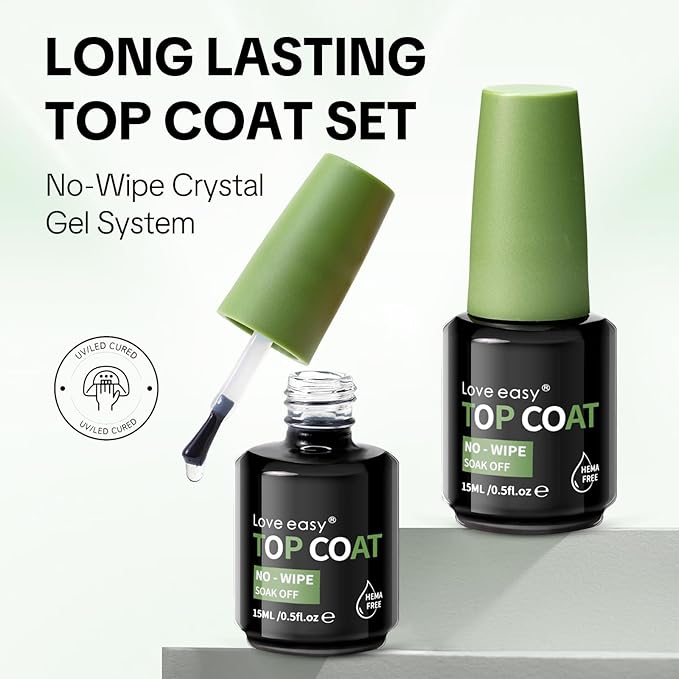 Top Coat Set for Nails, Crystal Clear Glossy with Chip & Scratch Resistance, Long Lasting 28+ Days, Brush on Beginner Friendly for Home DIY Salon Manicure(U V Lamp Needed)