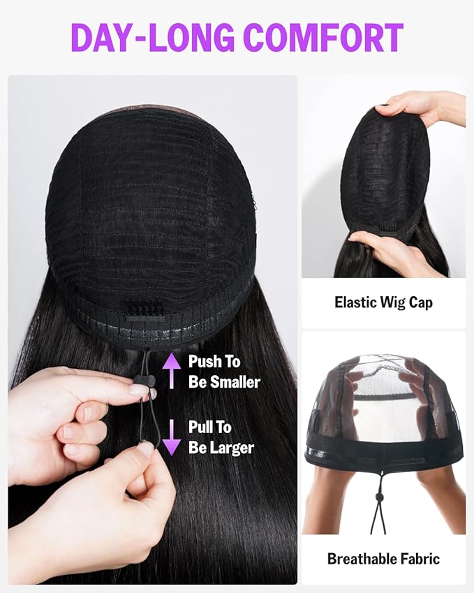 Glueless 13x6 Lace Front Wig Human Hair Pre Plucked Pre Cut 220% Density Ear-to-Ear Wear and Go Glueless Straight Wig with Drawstring 24 Inch