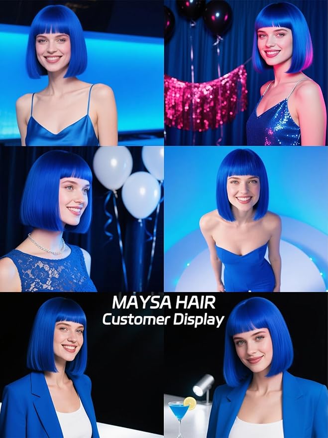 MAYSA Blue Bob Wigs with Bangs for White Women Short Straight Bob 12in Synthetic Cosplay Daily Party Colorful Wig # Royal Blue ﻿