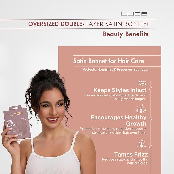 LUCE Satin Bonnet for Sleeping – Adjustable Double Layer Hair Cap for Women, Prevents Frizz & Breakage, Comfortable Night Cap