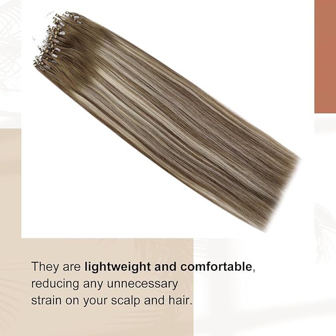 Full Shine Micro Bead Hair Extensions Real Human Hair 22 Inch Straight Natural Remy Hair Balayage Brown and Blonde Micro Link Hair Extensions Human Hair 50 Grams add Length