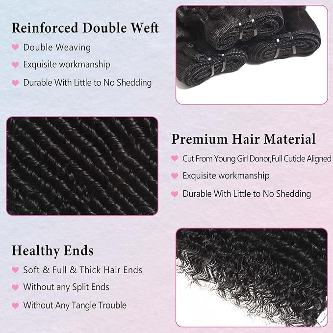 12A Brazilian Deep Wave Bundles Human Hair 3 Pcs 24 24 24 Inch Deep Curly Human Hair Water Wave Bundles 100% Unprocessed Virgin Double Weft Curly Weave Natural Black