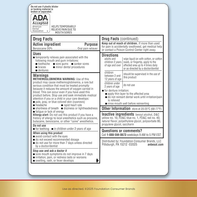 Anbesol Maximum Strength Liquid, Instant Oral Pain Relief for Toothaches, Mouth Sores*, Gum, Braces & Denture Pain, ADA Accepted, 0.41 oz