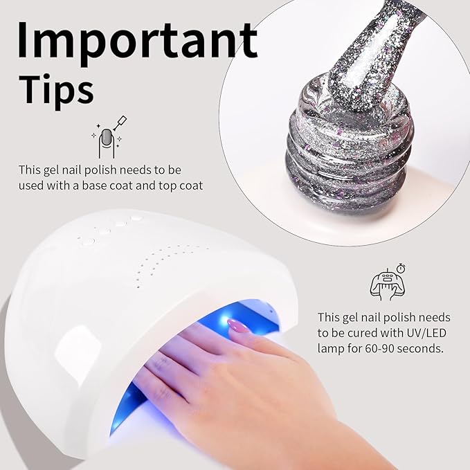 Sparkle Silver Gel Polish Glitter Hema Free 0.34 OZ Same Color Same Top Cover Reflective UV Polish Manicure Nail Art DIY