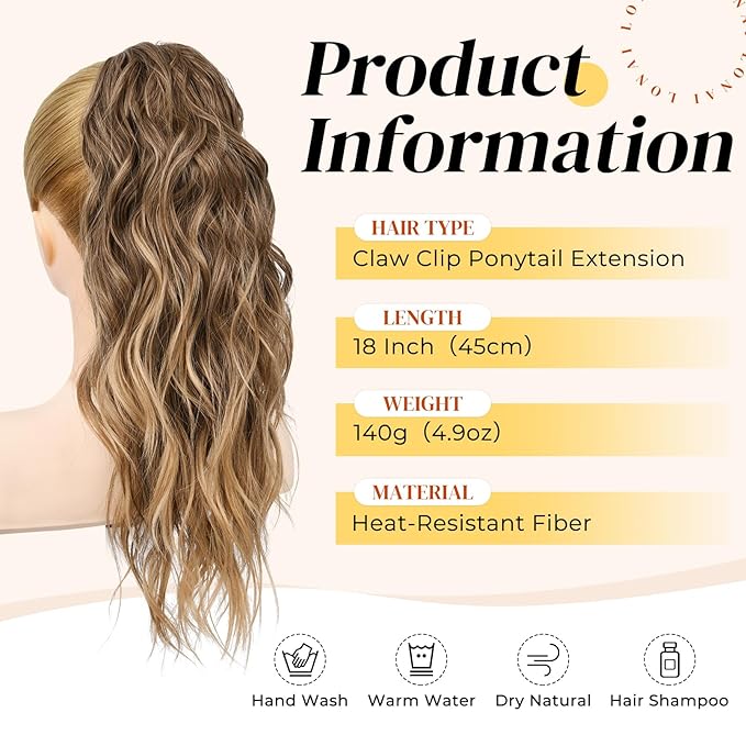 LONAI Ponytail Extension, 18" Wavy Claw Clip Ponytail Extensions ZJ001 Shoulder Length Curly Wavy Claw Clip in Ponytail Hair Extensions Synthetic Fake Pony tails Hairpieces-Ash Brown