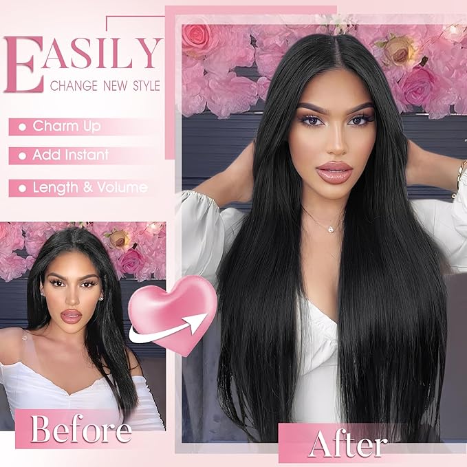Clip in Synthetic Hair Extensions Black Long Straight 4PCS Thick Hairpieces Fiber Double Weft Natural Hair Extensions 22 Inch for Women