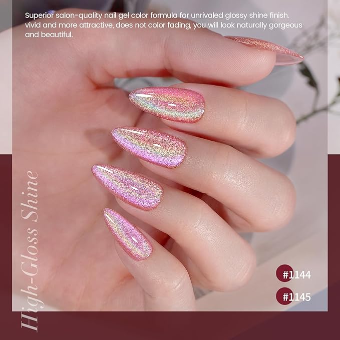 RARJSM Nude Pink Holographic Rainbow Glitter Cat Eye Gel Nail Polish Set 6Pcs Blue Rose Pink Purple Green Orange Galaxy Aurora Cateye Glitter with Magnetic Stick UV LED Curing Require Home Salon