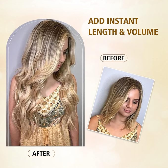 24in Clip In Hair Extensions Blonde For Women Synthetic Clip in Long Wavy Hair Extension Double Weft Hairpieces Full Head For Women (24INCH, 18H613)