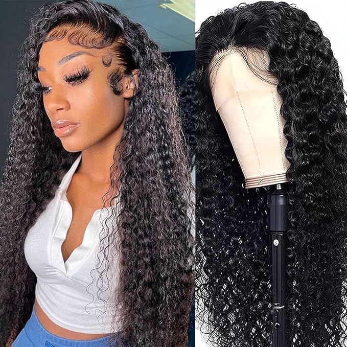 13x6 Curly Human Hair Wig for Women 200% Density Deep Wave Lace Front Wigs Human Hair Natural Black HD Transparent Lace Frontal Wigs Human Hair Deep Curly Human Hair Wig 24 Inch